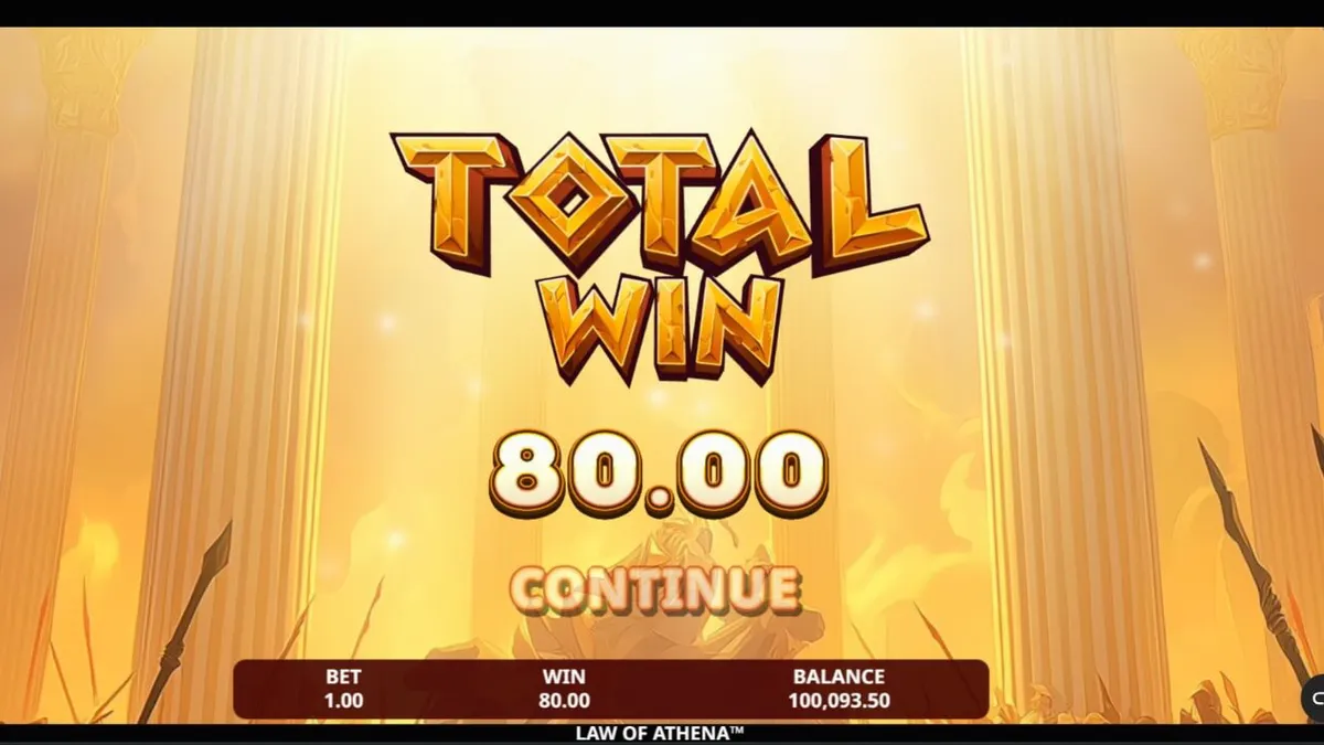 Interface do jogo Law of Athena em um dispositivo móvel mostrando os símbolos de mitologia grega